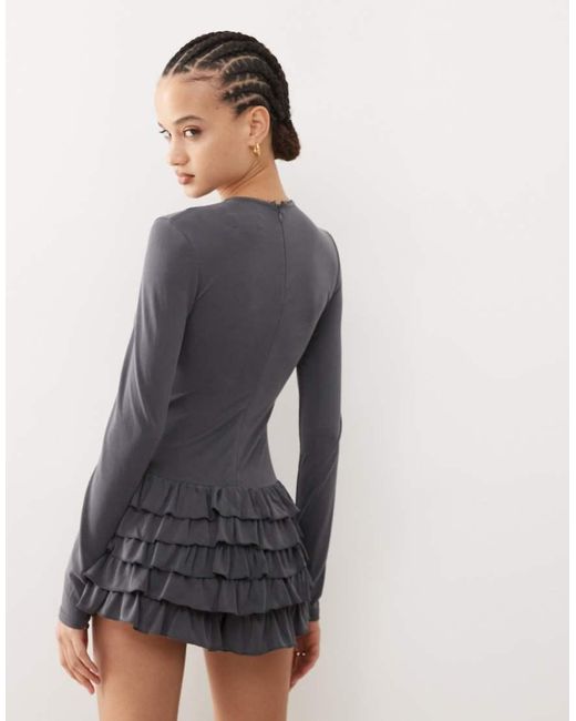 Edikted Gray Lucile Long Sleeve Ruffle Romper