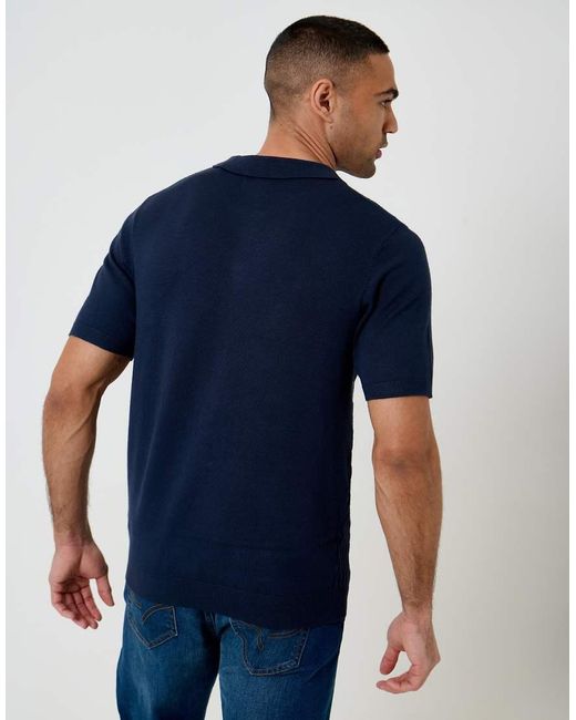 Threadbare Blue Textured Knit Quarter Zip Polo for men