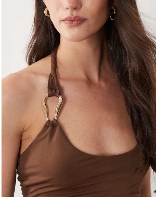 SNDY'S Brown Metal Detail Strap Scoop Neck Maxi Dress