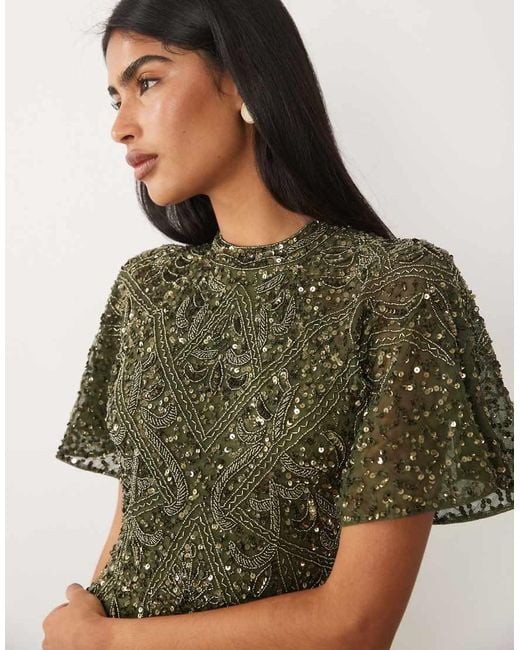 Beauut Green Embellished High Neck Open Back Maxi Dress