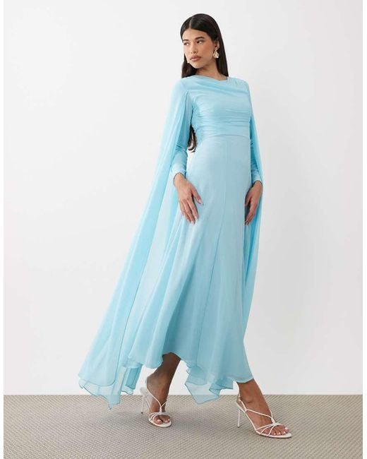 Beauut Blue Chiffon Cape Sleeve Crew Neck Maxi Dress