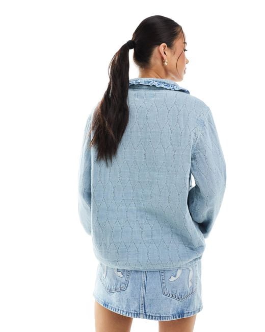 ONLY Blue Quilted Tie Front Shacket With Frill Collar Detail