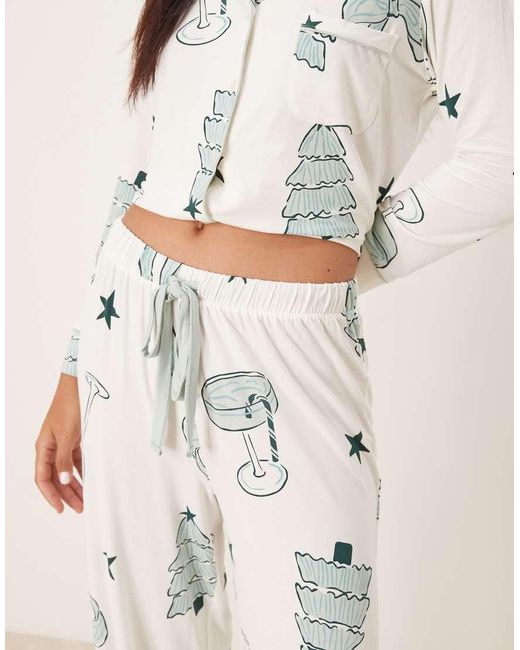 ASOS Natural Super Soft Long Sleeve Shirt & Pants Pajama Set With Contrast Piping