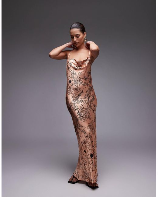 Robe nuisette longue à col bénitier - noir sinueux fleuri TOPSHOP en coloris Gray