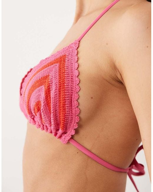 New Look Red Two Toned Crochet Bikini Top