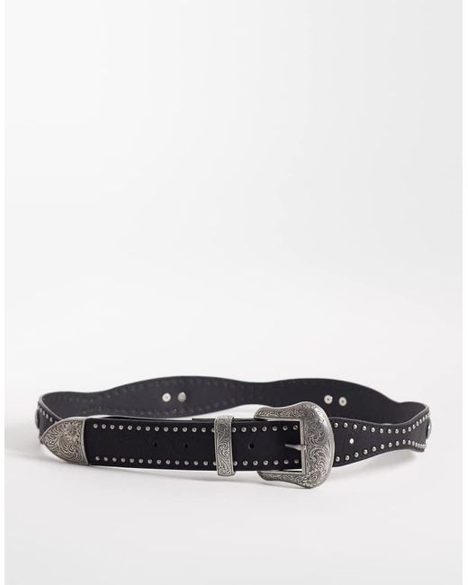 ASOS White Faux Leather Western Studded Belt With Engraved Texture Buckle for men