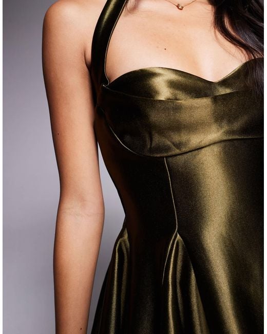 ASOS Green Structured Satin Mini Dress With Halter Straps And Extreme Skirt
