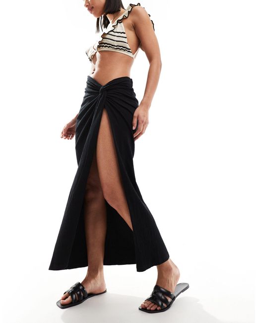 ASOS Black Textured Sarong Twist Waist Midi Skirt