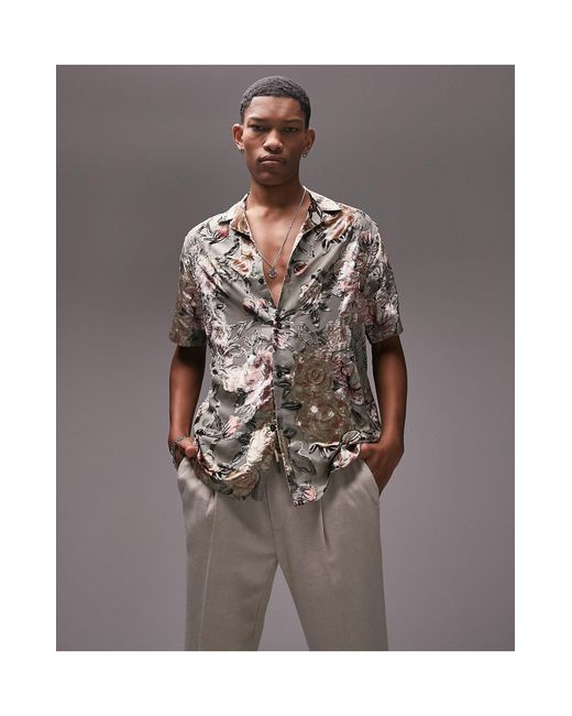 Topman Brown Sheer Shirt With Velvet Floral Design for men