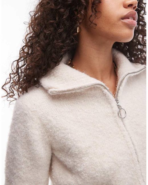 TOPSHOP White Knitted Fluffy Boucle Zip Through Cardigan