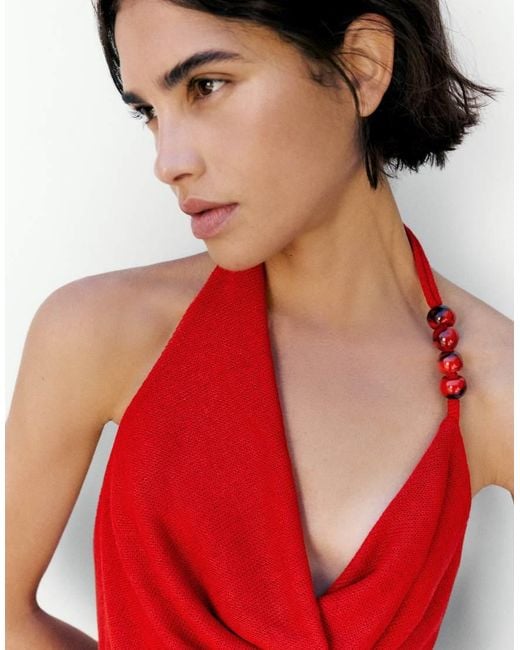 Pull&Bear Red Short Halter Dress With Appliqués