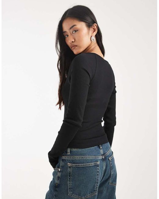 ASOS Blue Cotton Rib Square Neck Long Sleeve Top With Hook And Eye