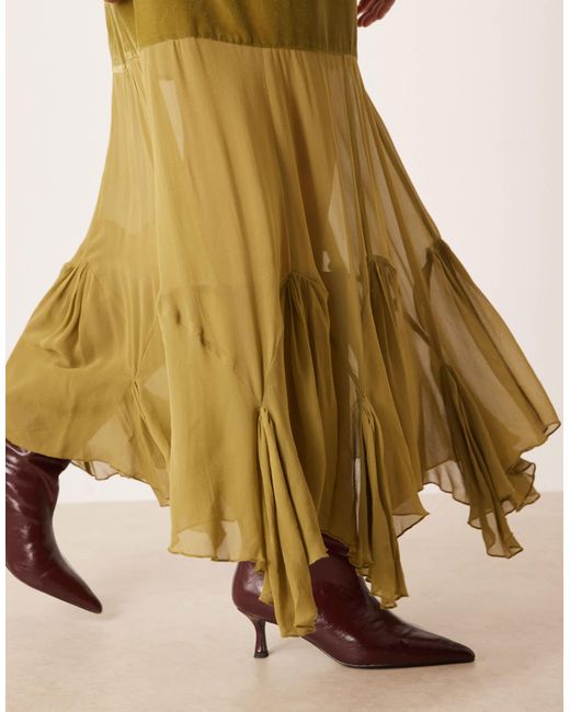 ASOS Metallic Asos Design Curve Drop Waist Velvet Maxi Dress With Sheer Godet Skirt