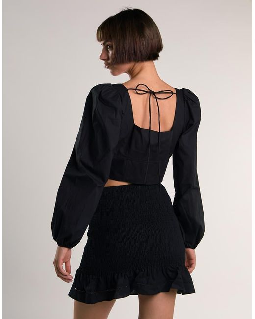 NARRATED Black Long-Puff-Sleeve-Tie-Detail Crop-Top