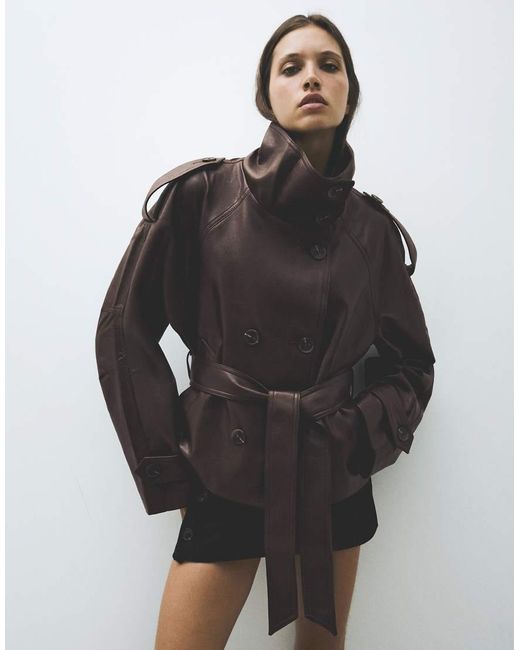 Bershka Black Short Leather Effect Trench Coat