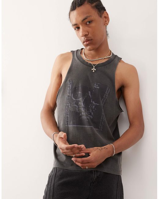 Collusion Gray Printed Cut Off Tank Top for men