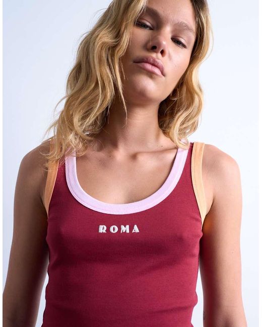Camiseta De Tirantes Con Ribetes En Contraste Y Bordado "Roma" De Canalé De -Rojo TOPSHOP de color Red