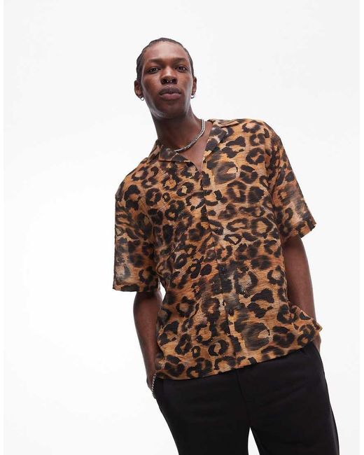 Topman Brown Short Sleeve Leopard Print Shirt for men