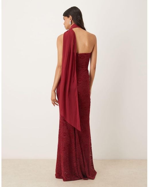 Six Stories Red Velvet Lace Corset Bandeau Maxi Dress With Neck Scarf