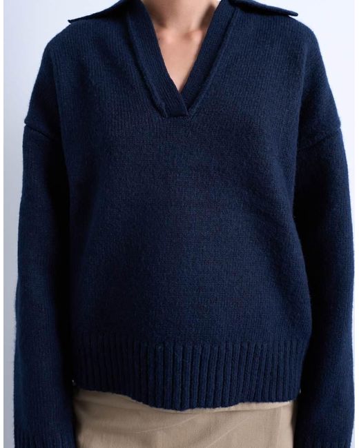 TOPSHOP Gebreide Trui Met V-Hals En Kraagje in het Blue