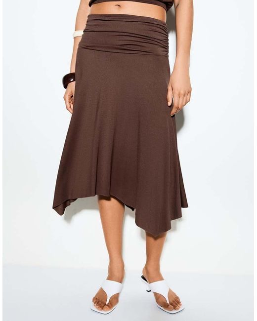 Bershka Brown Gathered Modal Effect Midi Skirt