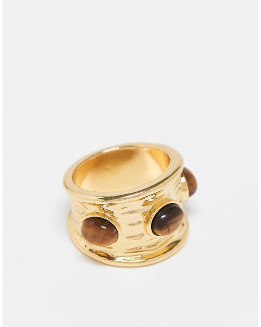 ASOS Metallic Asos Design Curve 14k Plated Ring With Real Tigers Eye Semi Precious Stone Design