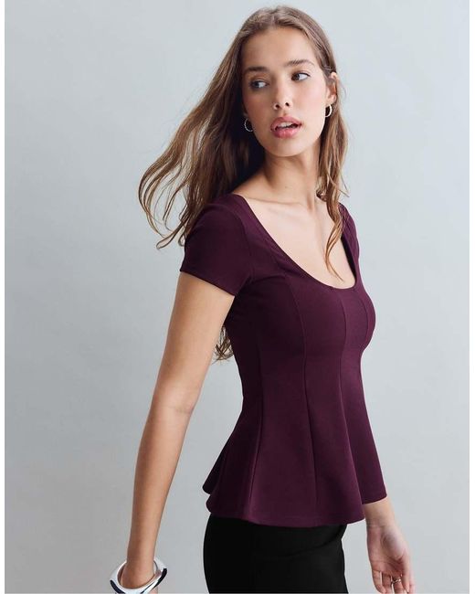 Stradivarius Purple Peplum Mini Sleeve Top