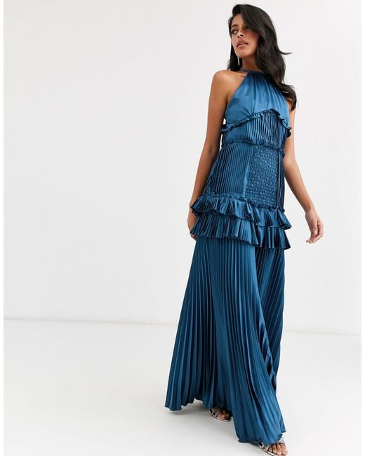 True Decadence Blue Halterneck Tiered Maxi Dress With Panel And Ruffle Detail