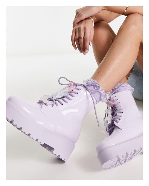 ASOS Purple Guava Butterfly Lace-up Rain Boots