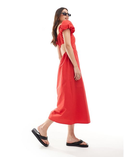 Stradivarius Red Puff Sleeve Maxi Dress
