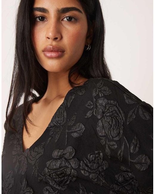Gina Tricot Natural Long Sleeve V Neck Rose 3d Brocade Mini Dress