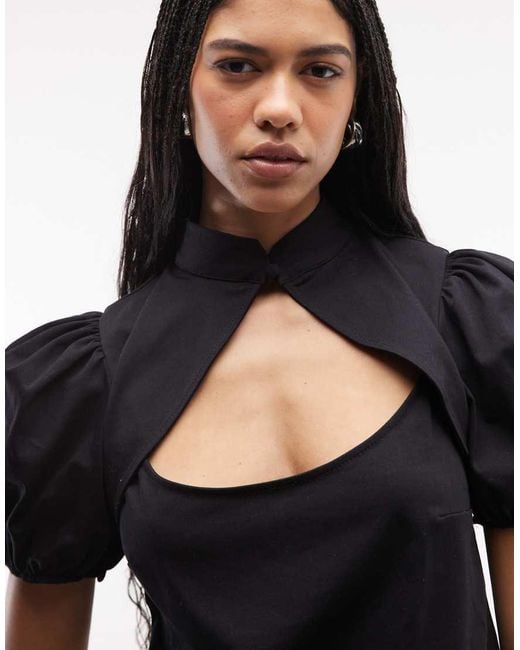 ASOS Black Puff Sleeve Cut Out Mandarin Top