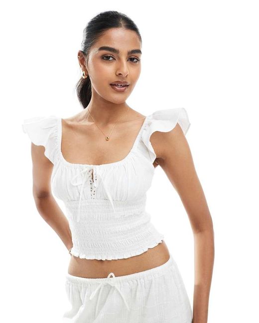 Bershka White Shirred Milkmaid Top