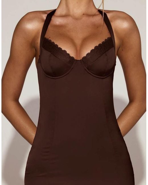 Oh Polly Brown Elyra Satin Lace Trim Halter Neck Fishtail Midaxi Dress