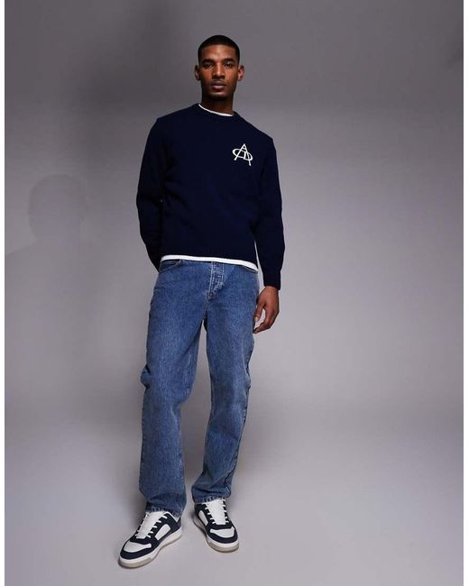 ASOS Blue Oversized Knitted Jumper With Embroidery for men
