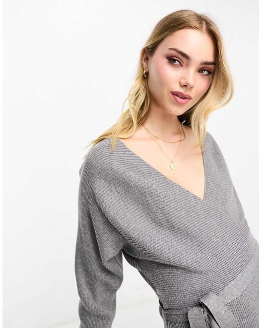 Vero Moda Gray Wrap Belted Long Sleeve Knitted Mini Dress