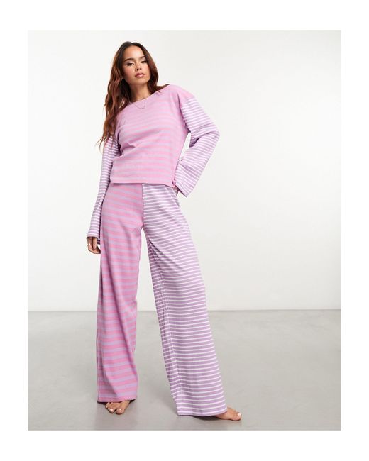 Daisy Street Pink – gerippter pyjama aus langärmligem oberteil und hose mit streifenmix und geschenkbeutel