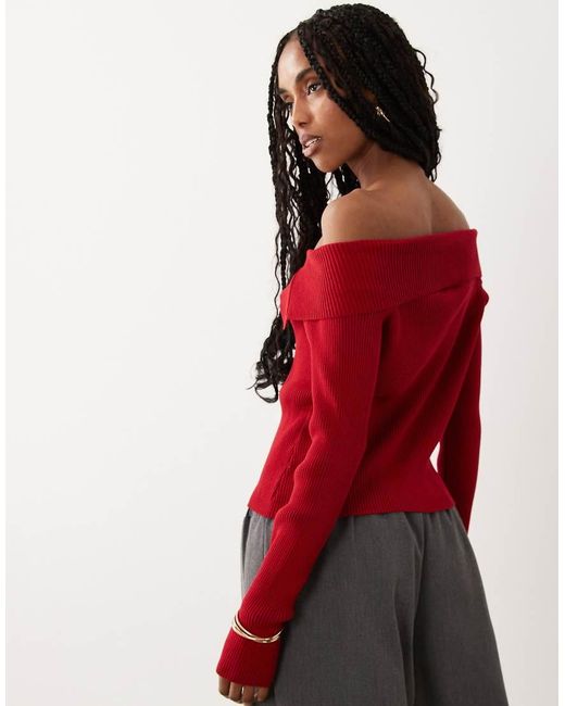 Miss Selfridge Red Fold Over Bardot Kitted Rib Top