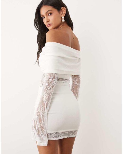 JW PEI White Bridal Knitted Drape Off Shoulder Lace Insert Mini Dress