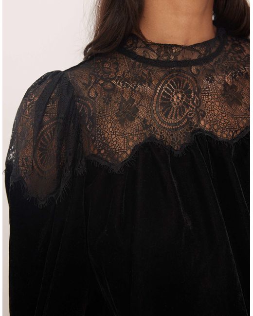 ASOS Blue Velvet And Lace Mix High Neck Long Sleeve Blouse