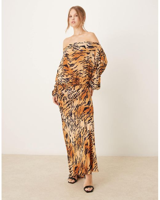 Never Fully Dressed Natural Plisse Off Shoulder Maxi Dress
