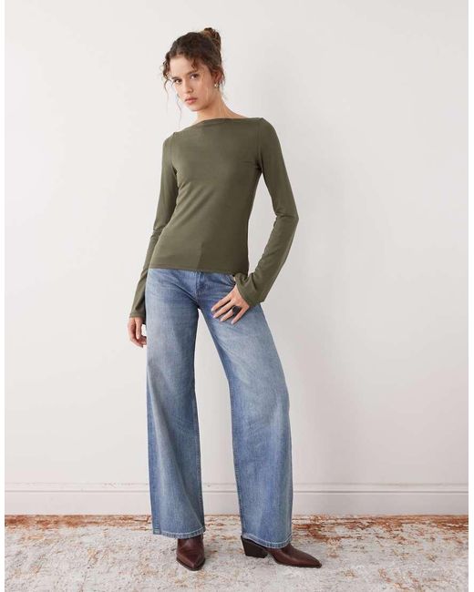 Weekday Green Annie Super Soft Long Sleeve Boat Neck Top