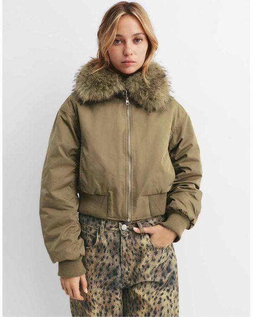 Pull&Bear Green Bomber Jacket With Fur Collar
