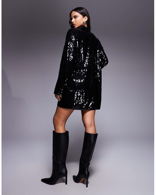 Kaiia Black Exclusive Premium Sequin Oversized Shirt Mini Dress