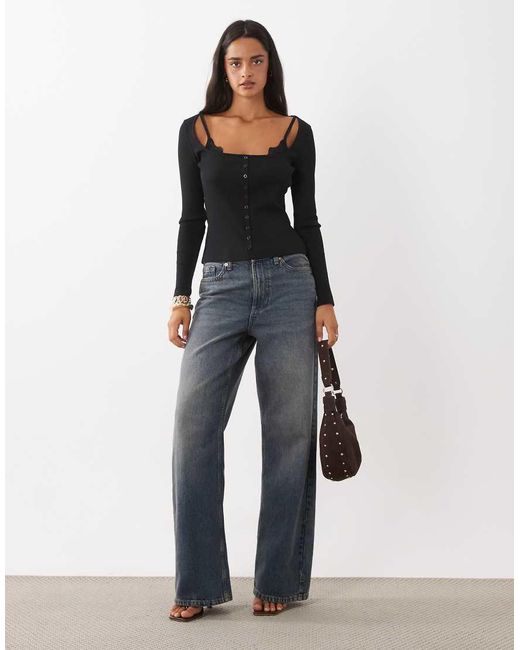 ASOS Black Sculpting Rib Button Through Top With Lace Underlayer