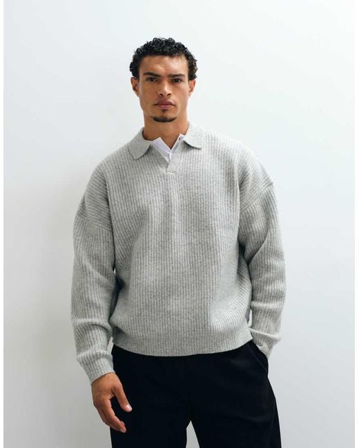 ASOS Gray Super Oversized Knit Wool Blend Ribbed Notch Neck Sweater for men