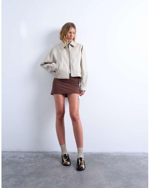 TOPSHOP White Faux Leather Dropped Shoulders Cropped Zip Up Jacket