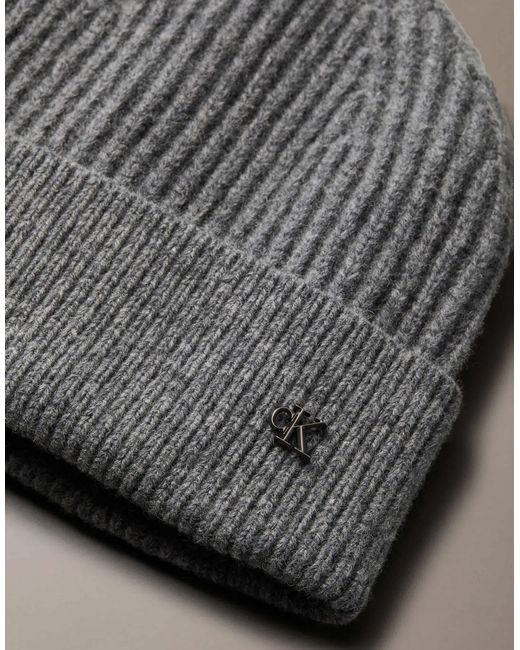Calvin Klein Gray Wool Blend Signature Logo Beanie for men