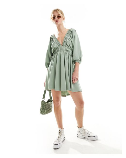 ASOS Green Plunge Elastic Tea Mini Dress With Ruched Waist