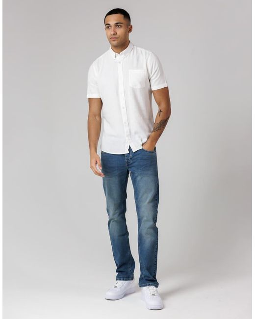 French Connection White Linen Blend Short Sleeve Chest Pocket Shirt for men